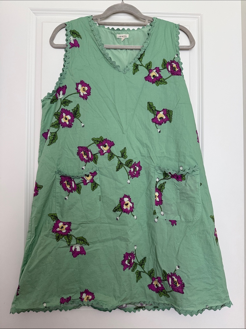 JODIFL Mint Green Mini Dress with Purple Floral Embroidery